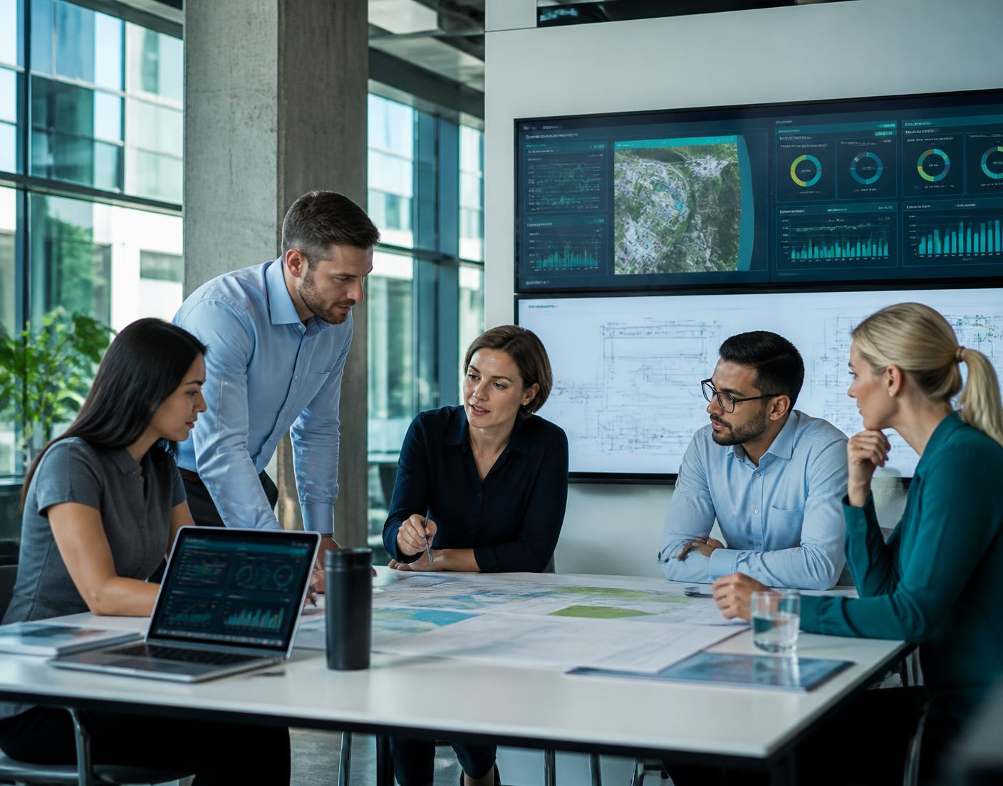 Equipe multidisciplinar de especialistas ambientais analisando dados e projetos técnicos